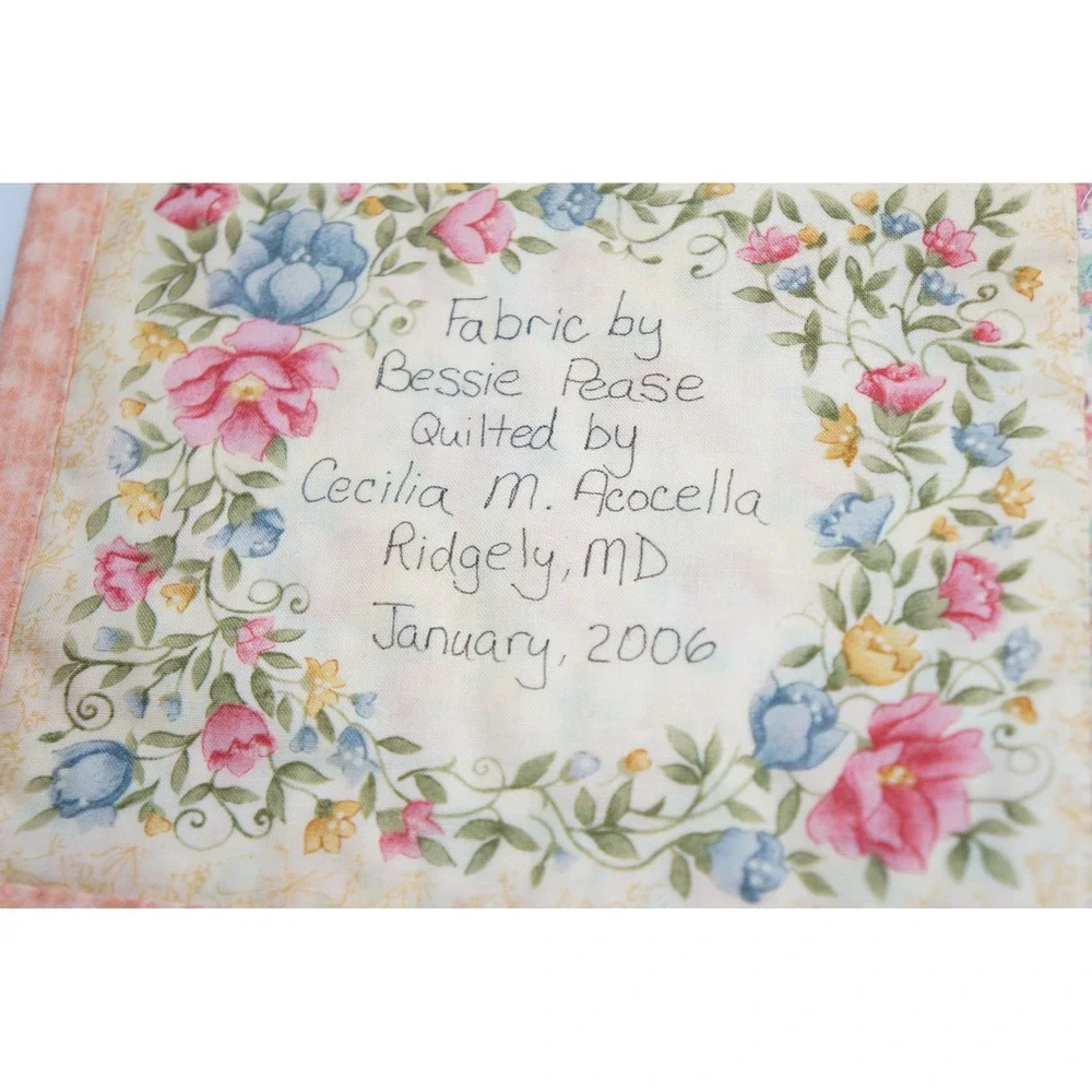 Bessie Pease Handmade Baby Quilt 43x35 Peach Pink Puppy Dog Floral Excellent